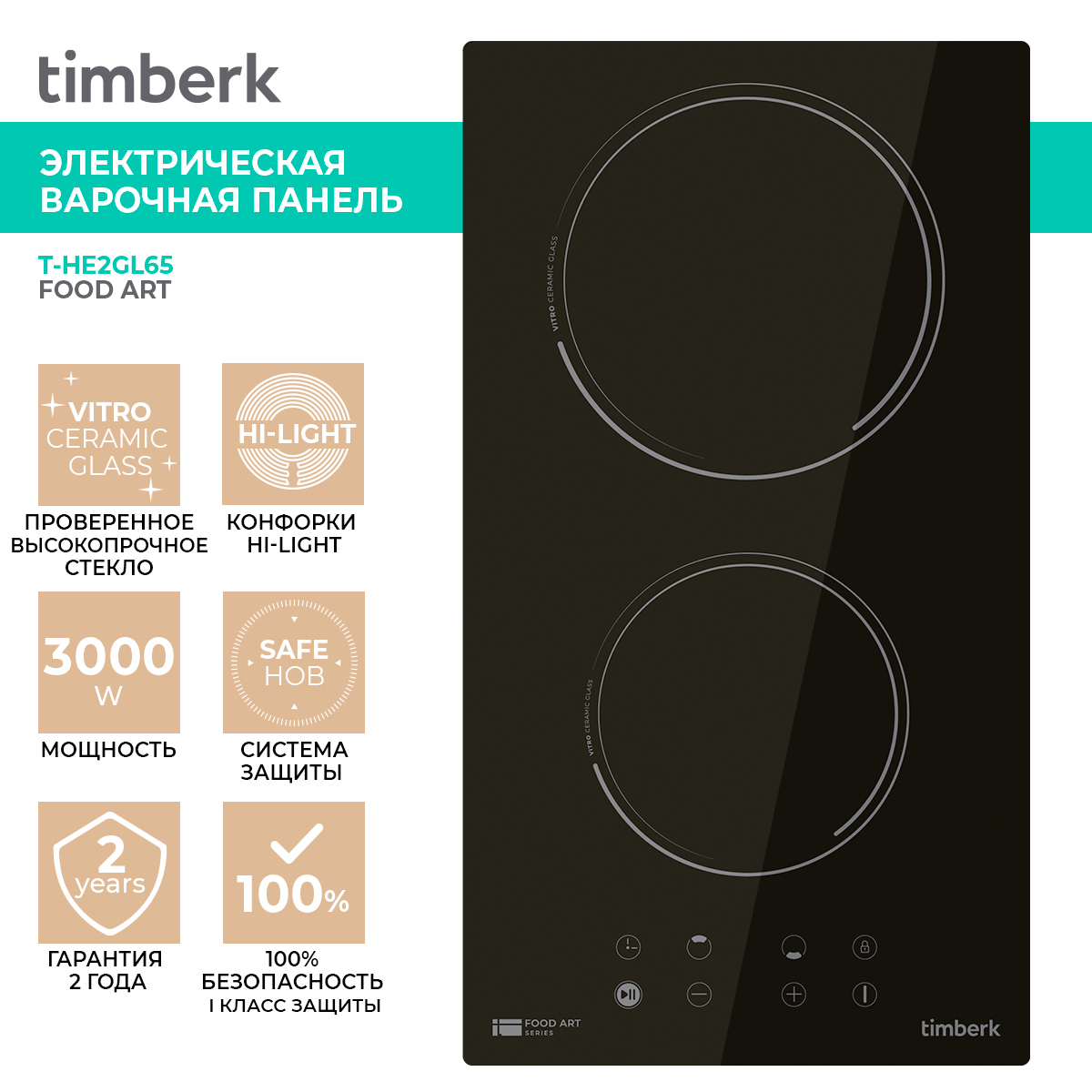 фото Встраиваемая варочная панель электрическая timberk t-he2gl65 черная