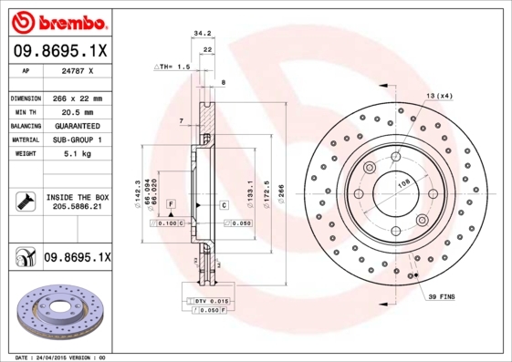 

Тормозной диск brembo комплект 1 шт. 0986951X