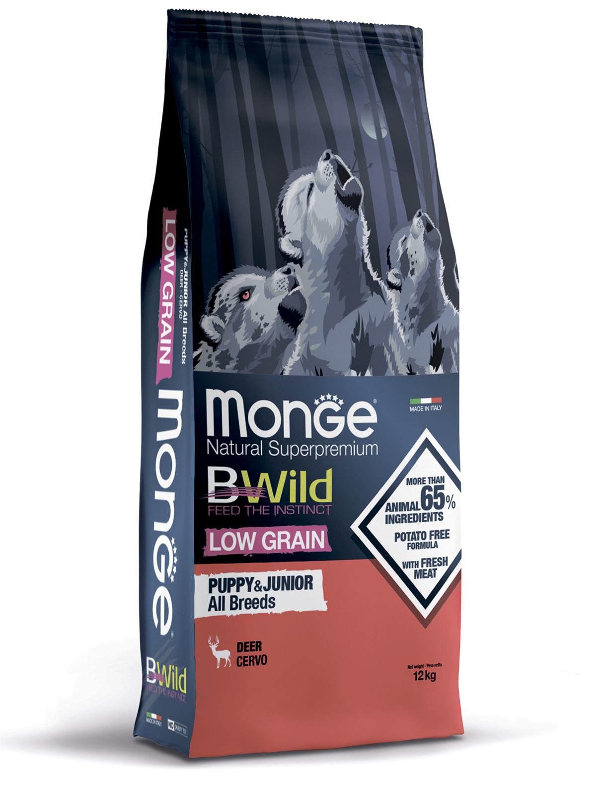 Сухой корм для собак Monge Dog BWild Low Grain Puppy&junior, оленина, 12кг