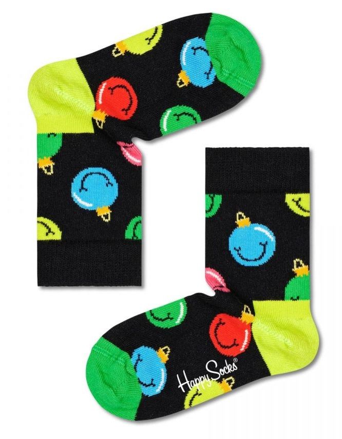 Детские носки Kids Jingle Smiley Sock с ёлочными игрушками Happy socks черный 4-6Y