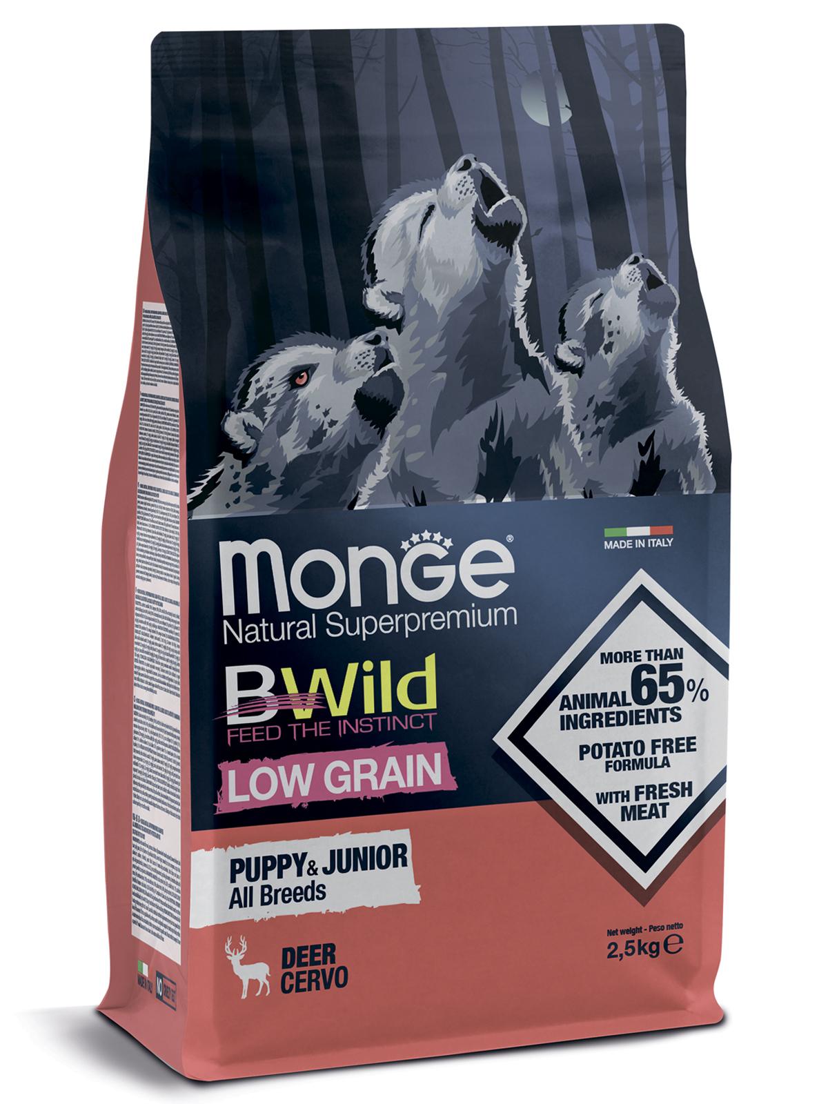 фото Сухой корм для собак monge dog bwild low grain puppy & junior низкозерновой из оленя 2.5кг