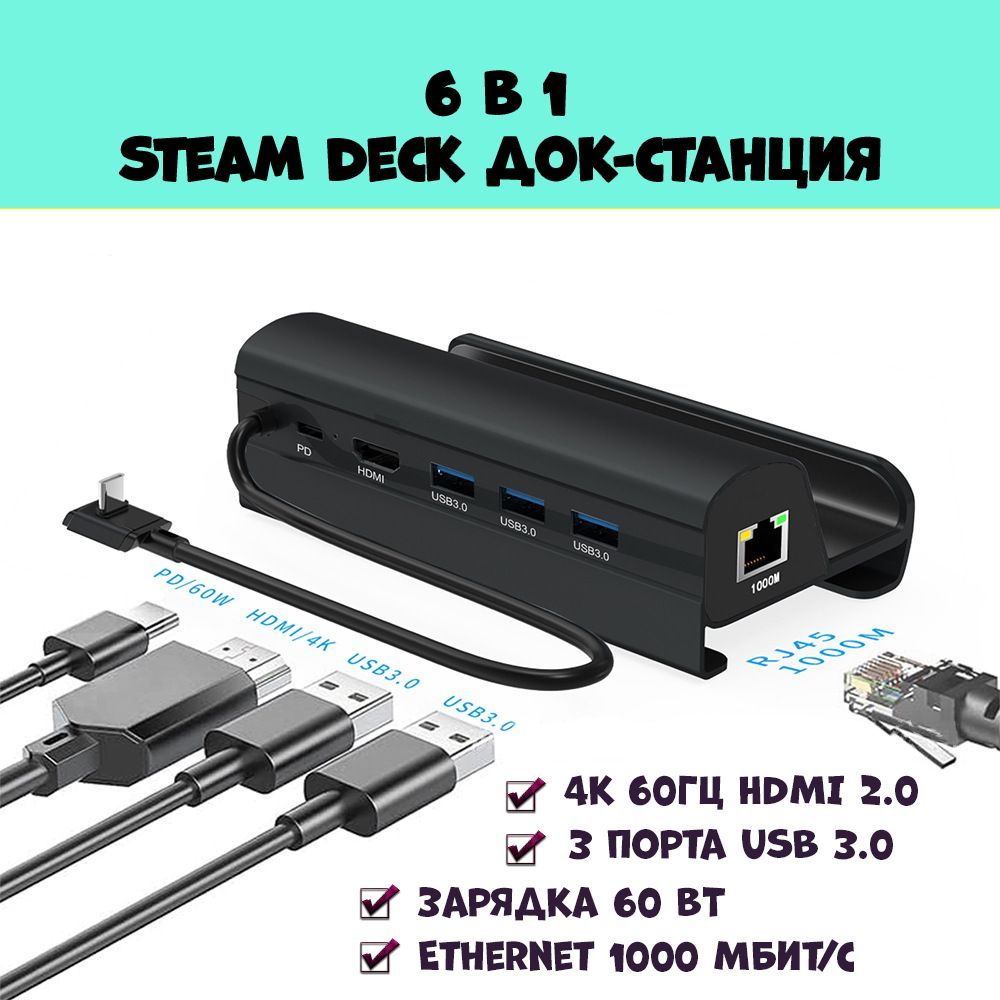 

Док-станция подставка для Steam Deck зарядное устройство 6 в 1 черная, Dock