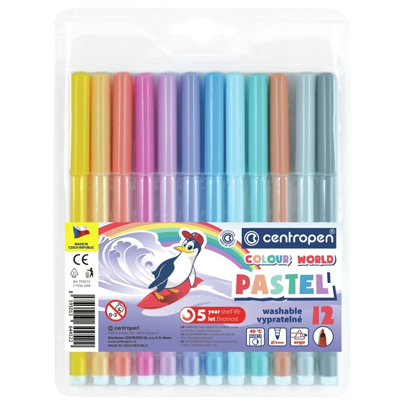 

Фломастеры Centropen Colour World Pastel TP-12 7550 12 цветов трехгранные смываемые, Разноцветный