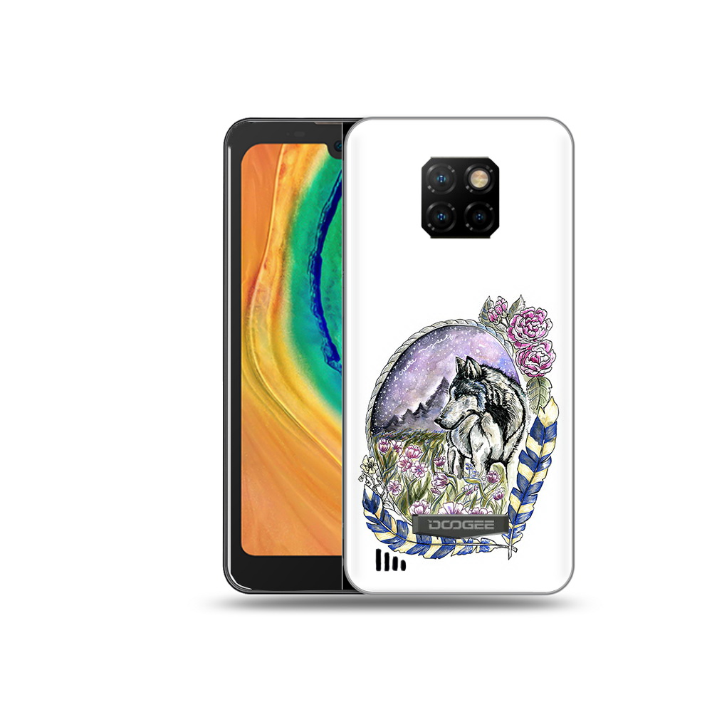 

Чехол MyPads Tocco для Doogee S88 Plus нарисованный волк в цветах с перьями, Прозрачный, Tocco