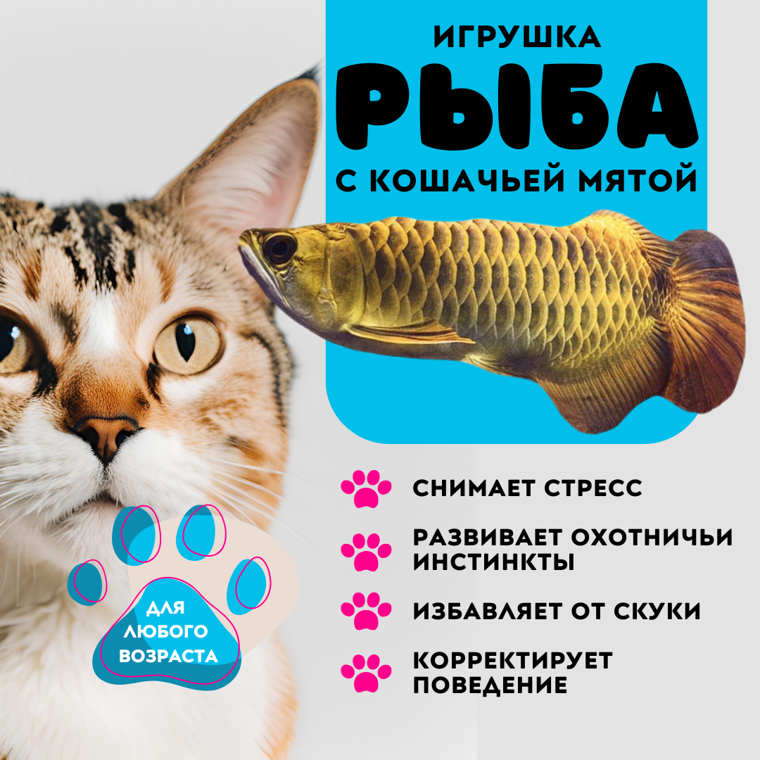 Игрушка для кошек ZDK Fish Рыба Аравана с кошачьей мятой, разноцветная, хлопок, 20 см