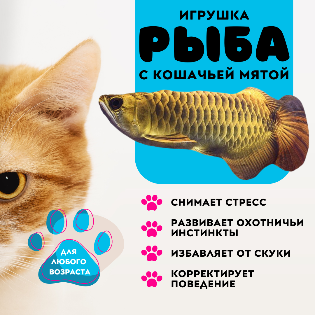 Игрушка для кошек ZDK Fish Рыба Аравана с кошачьей мятой, разноцветная, хлопок, 20 см