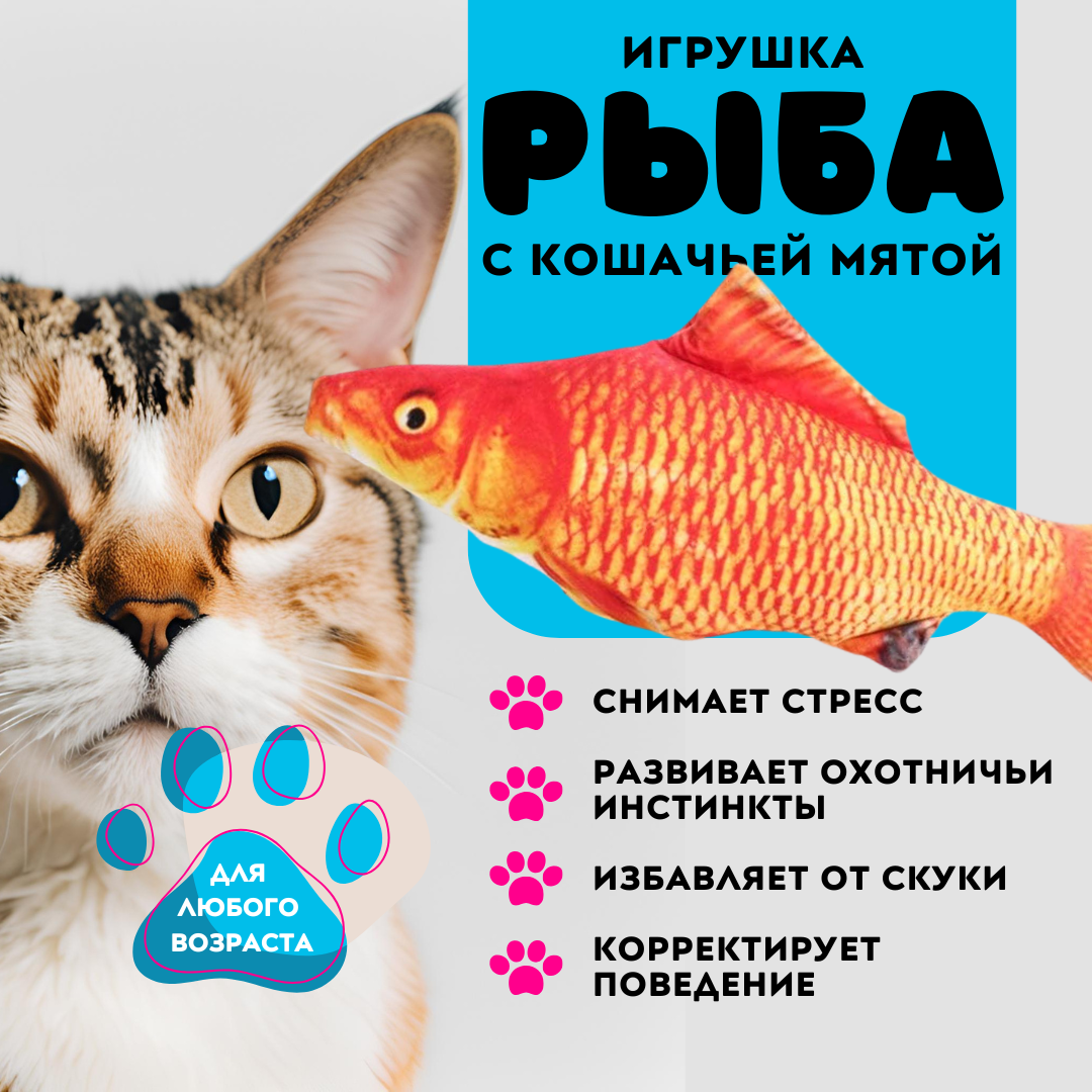 Игрушка для кошек ZDK Fish Рыба Карп с кошачьей мятой, разноцветная, хлопок, пух,20 см