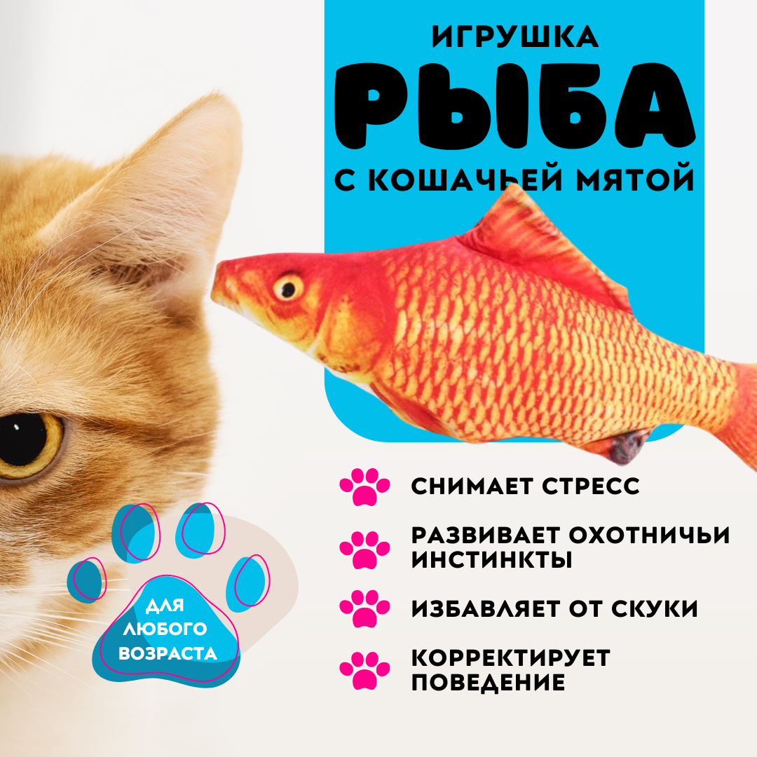 Игрушка для кошек ZDK Fish Рыба Карп с кошачьей мятой, разноцветная, хлопок, пух,20 см