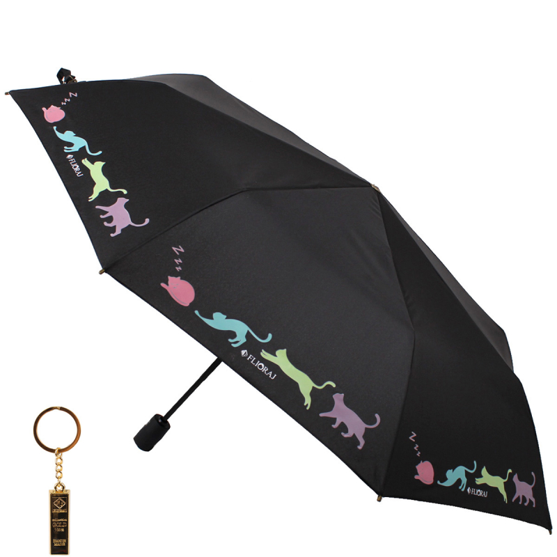 Комплект брелок+зонт складной женский автоматический Flioraj 21052 FJ черный