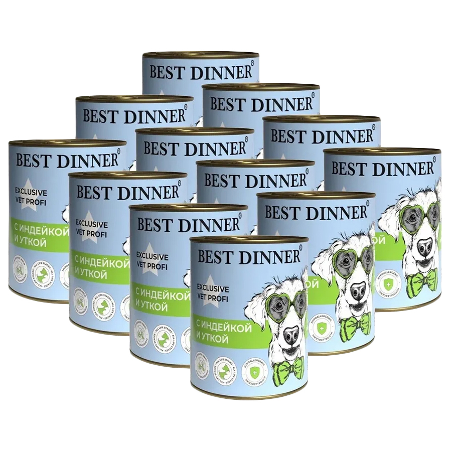 

Консервы для собак Best Dinner Exclusive Hypoallergenic, индейка и утка, 12шт по 340г, Exclusive Hypoallergenic