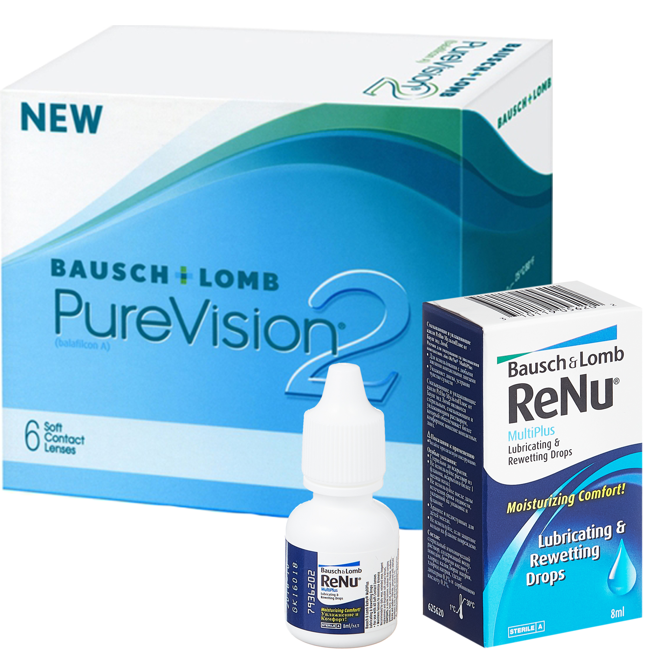 Купить PureVision 2 6 линз + ReNu MultiPlus капли, Контактные линзы PureVision 2 6 линз R 8.6 -0, 75 + Капли Renu MultiРlus 8 мл