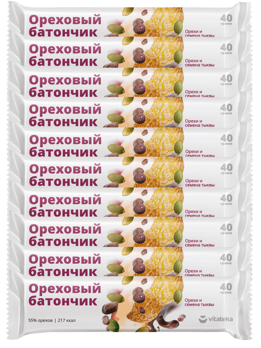 

Комплект ореховый батончик мюсли Vitateka орехи и семена тыквы, 40 г х 10 шт, Орехи и семена тыквы