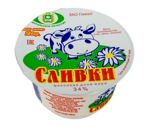 

Сливки Глинки 34% пастеризованные БЗМЖ 180 мл