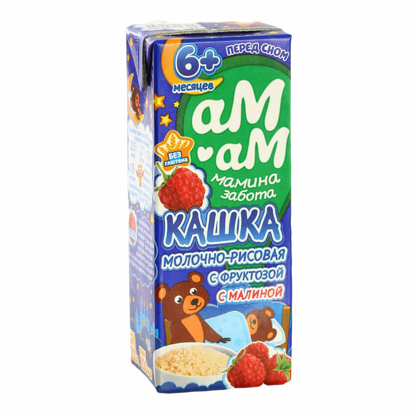 Каша Ам-Ам Мамина забота, молочно-рисовая, с малиной, для детей с 6 месяцев, 2,5%, 200 мл