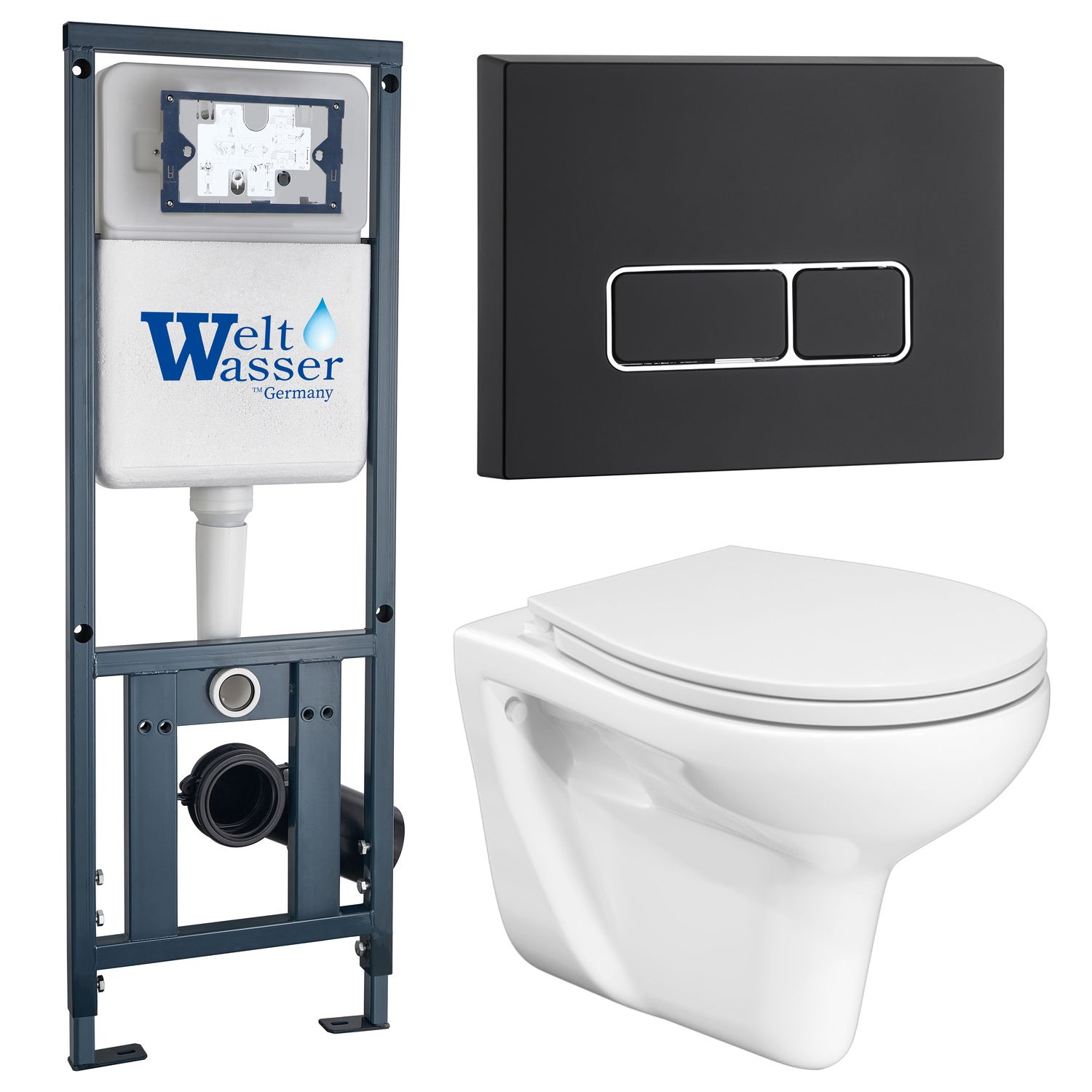 

Инсталляция Weltwasser Mar 410+Кнопка Mar 410SE MT-BL черная+Flumen JK9011046 белый унитаз, Marberg JKS901410SMB