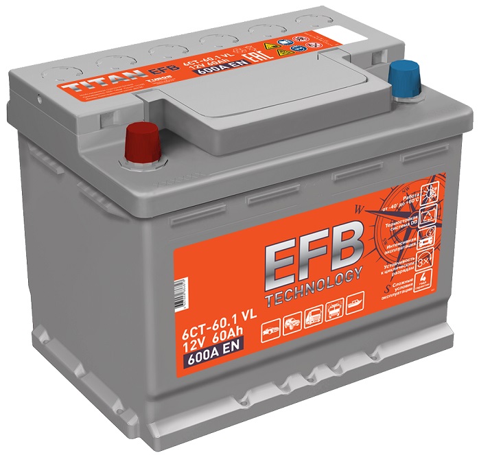 

Аккумулятор TITAN EFB 60.1 VL прямая полярность, 600 А, 242x175x190 мм 4607008886818