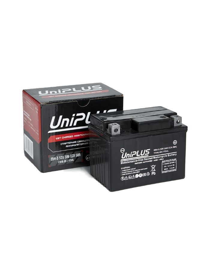

Аккумулятор мото UniPLUS AGM EB4-3 3Ah ОП 60A (YTX4L/YB4L-B) (113x70x85), UNIPLUS 1