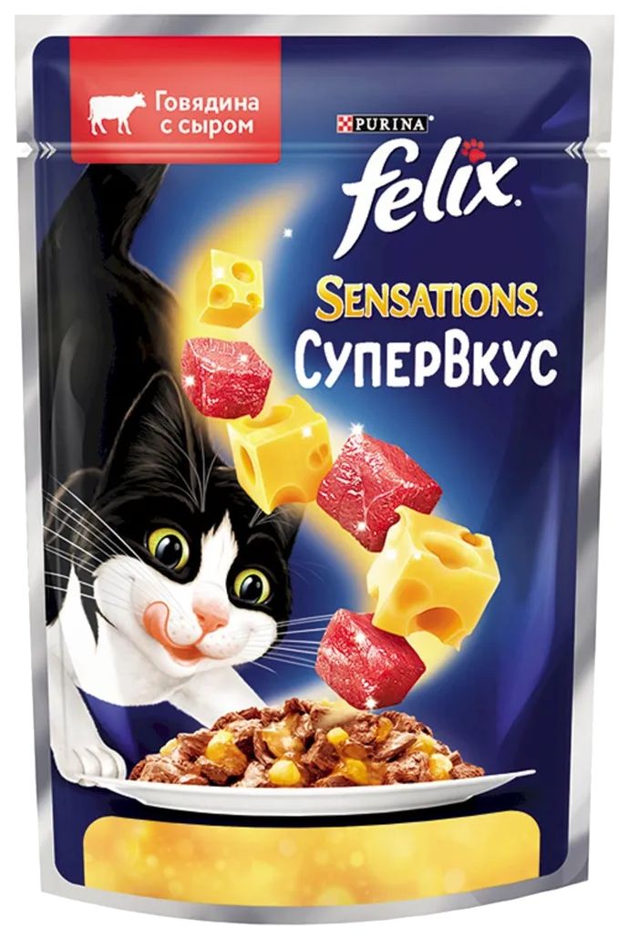 

Влажный корм для кошек FELIX Sensations говядина с сыром, кусочки в желе, 26 шт по 75 г, Sensations