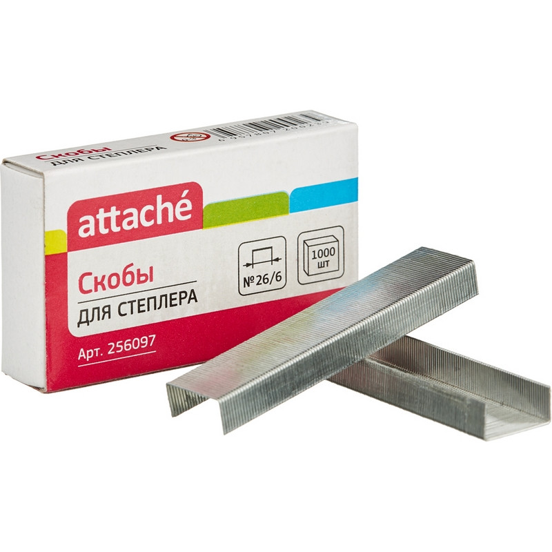 

Скобы к степлеру №26/6 ATTACHE, оцинкованные (2-40 лист.) 1000 шт в уп., (8шт.), Серебристый