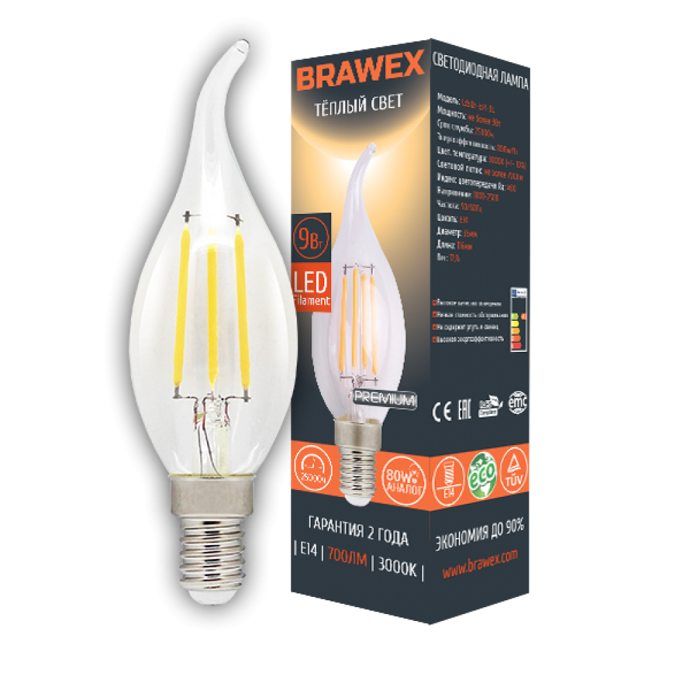 

Светодиодная лампа Brawex LED Filament Candle 9W 3000K E14 C35QF-E14-9L
