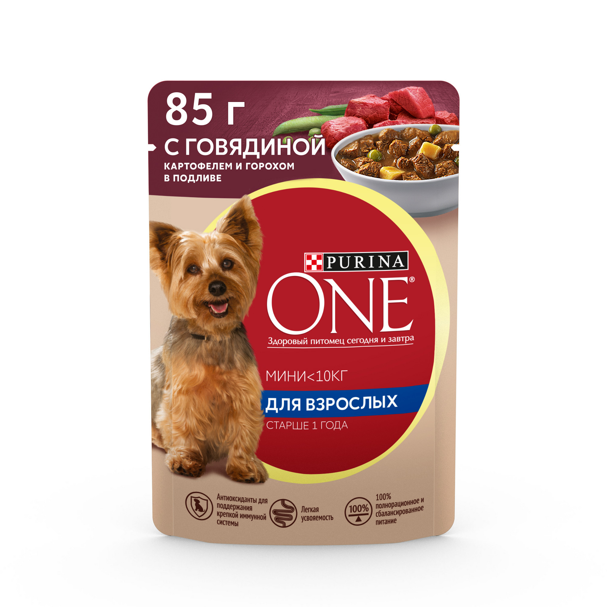 Влажный корм для собак Purina One Мини Взрослая, говядина, горох, 85г