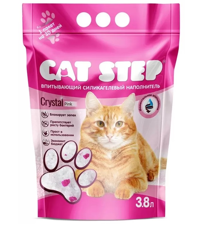 фото Впитывающий наполнитель для кошек cat step crystal pink силикагелевый, 3.8 л