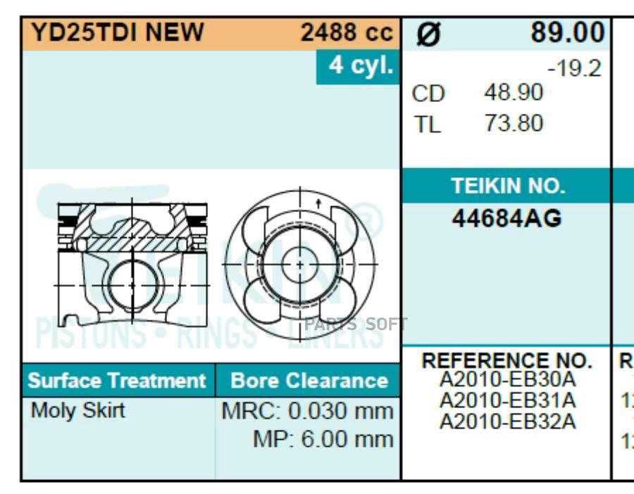 

Поршень без колец с масляной галереей TEIKIN 44684AGSTD Nissan Pathfinder 01.2005 -11.2014