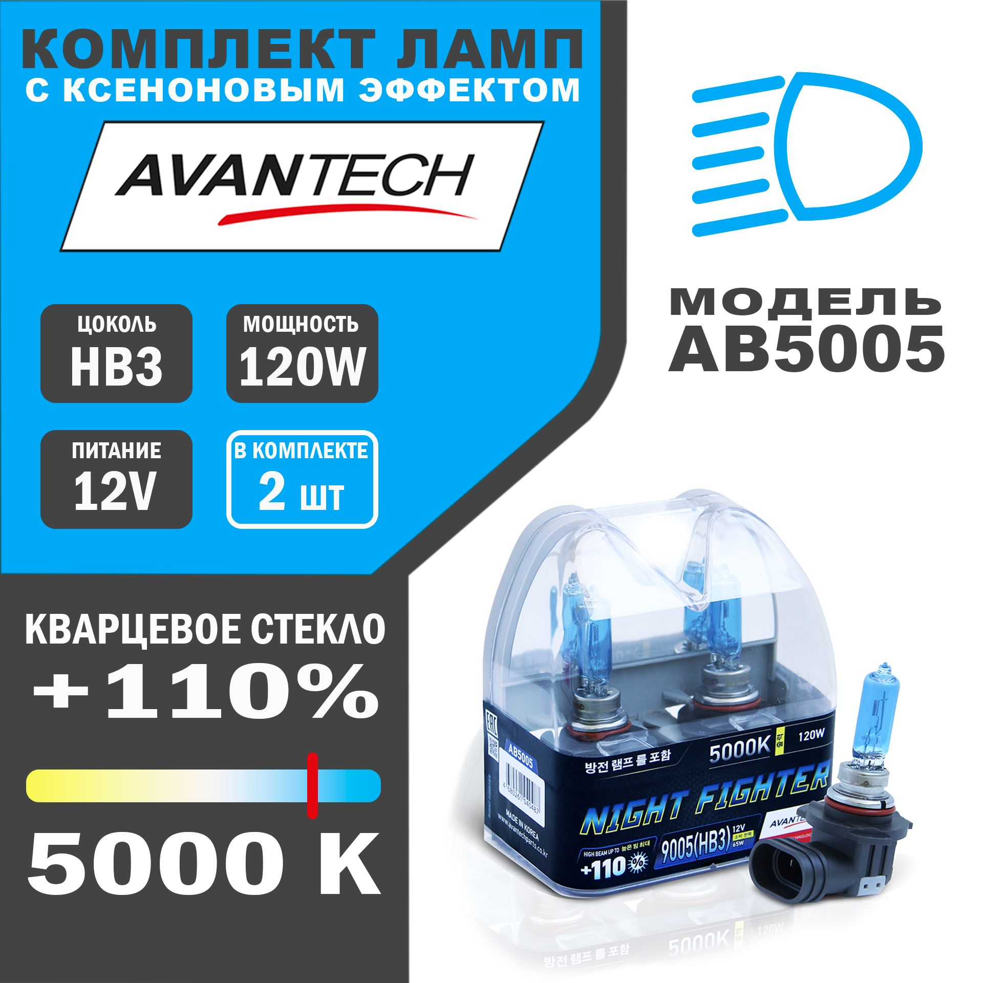 Лампы галогенные высокотемпературные Avantech HB3 12V 65W (120W)5000K,к-т 2 шт.арт.AB5005