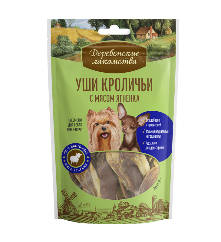 

Лакомство для собак Деревенские лакомства, для мини пород, уши кроличьи с ягненком, 55 г