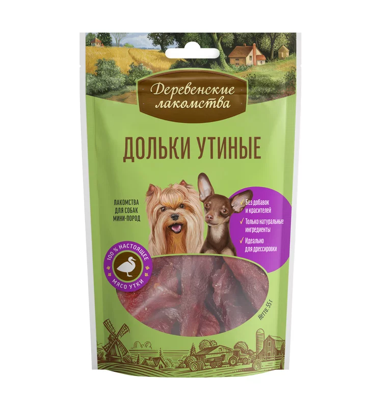 

Лакомство для собак Деревенские лакомства, для мини-пород, дольки утиные, 55 г