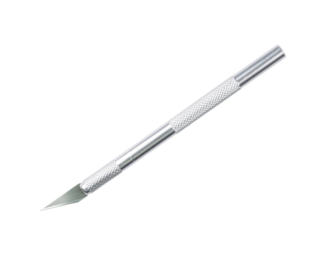 Нож-скальпель канцелярский MyPads A157-050, 6 лезвий, серый металлик для работы по бумаге циркуль металлический с колпачком в пластиковом пенале с запасным грифелем