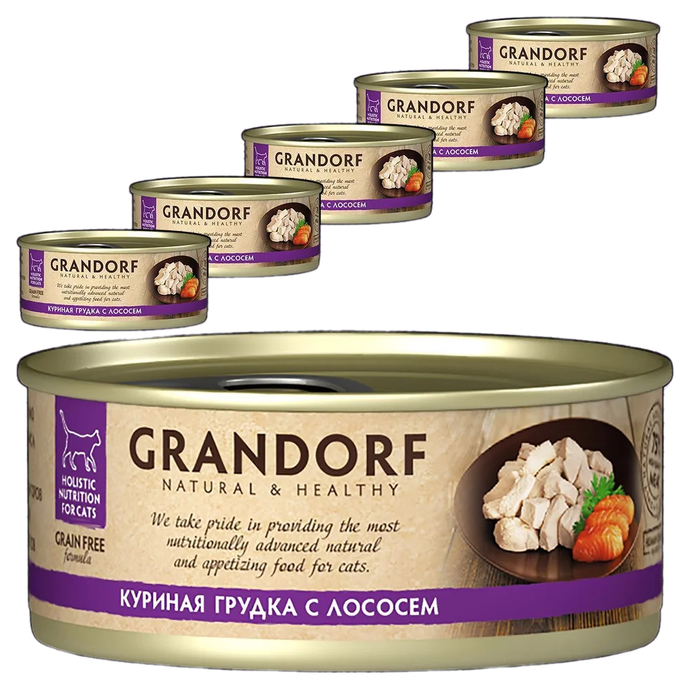 Корм влажный Grandorf для кошек, грудка куриная с лососем, 6x70 г