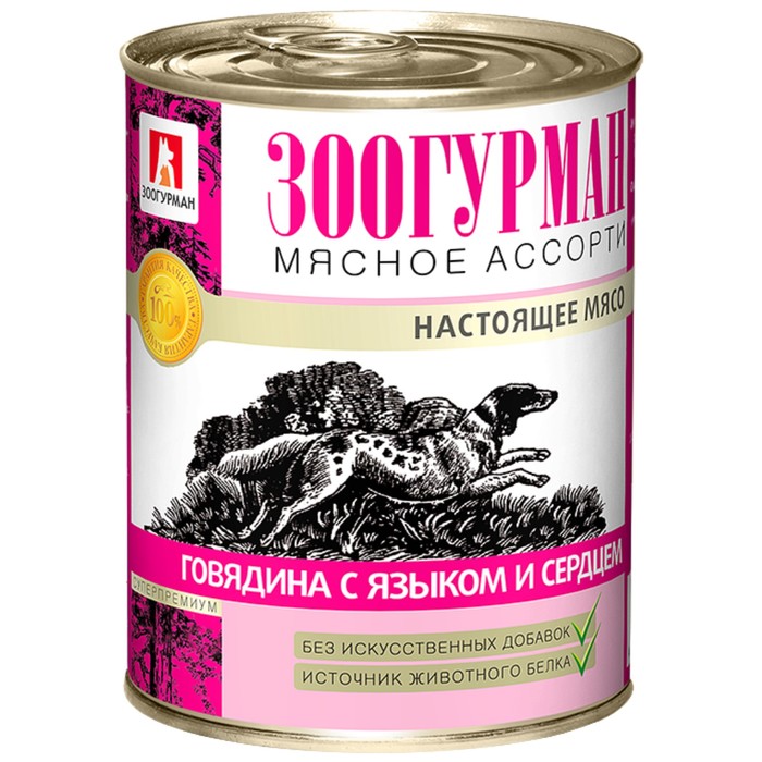 

Влажный корм "Зоогурман" Мясное ассорти для собак, говядина/язык/сердце, ж/б, 350 г