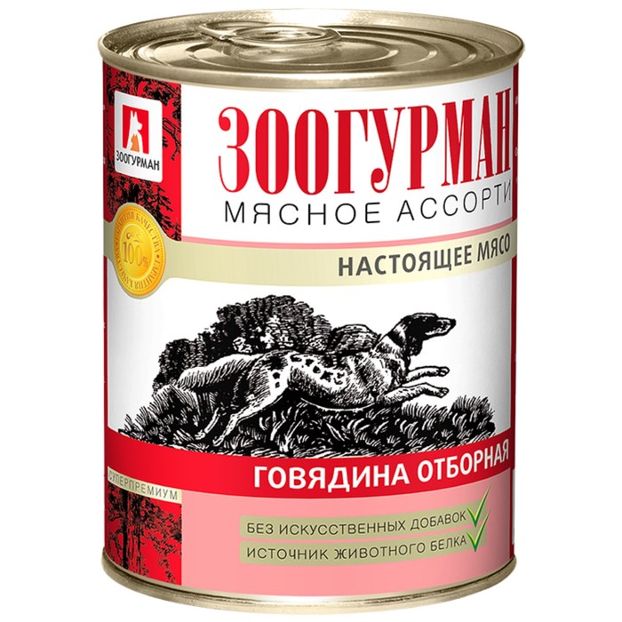 

Влажный корм "Зоогурман" Мясное ассорти для собак, говядина отборная, ж/б, 350 г