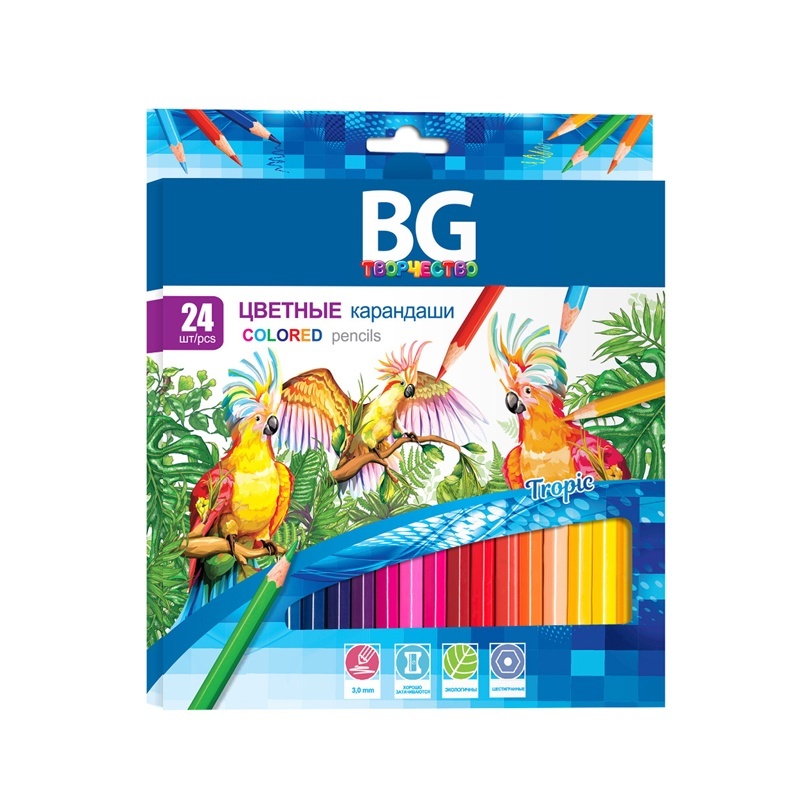 фото Карандаши цветные bg tropic 24 цвета шестигранные 3,0 мм европодвес 170г