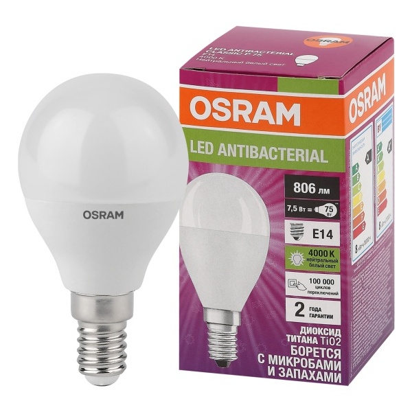 фото Светодиодная антибактериальная лампа osram lc clp60 7,5w/840 230v fr e14 10x1 405807556167