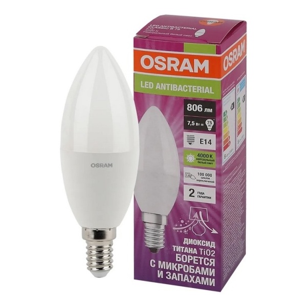 фото Светодиодная антибактериальная лампа osram lc clb60 7.5w/840 230v fr e14 10x1 405807556155