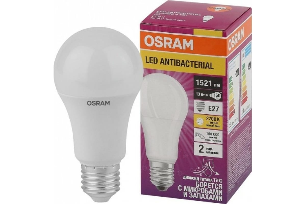 фото Светодиодная антибактериальная лампа osram lc cla60 8,5w/827 230v fr e27 10x1 405807556099