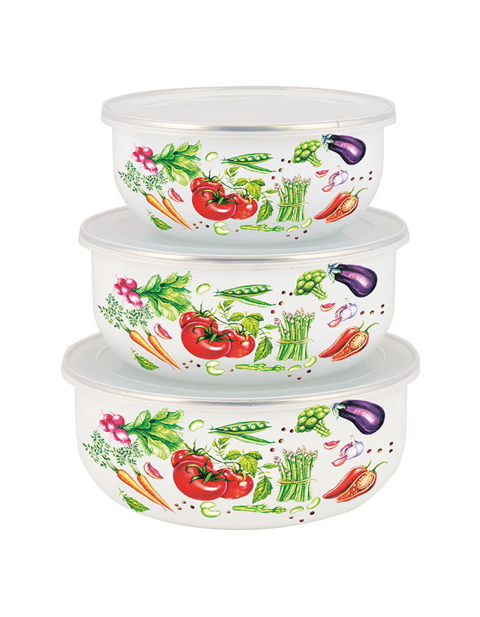 

Миски с крышкой 3 шт Appetite Veggies, эмалированные, 14, 16 и 18 см, 550002686]PI, 55000268миски