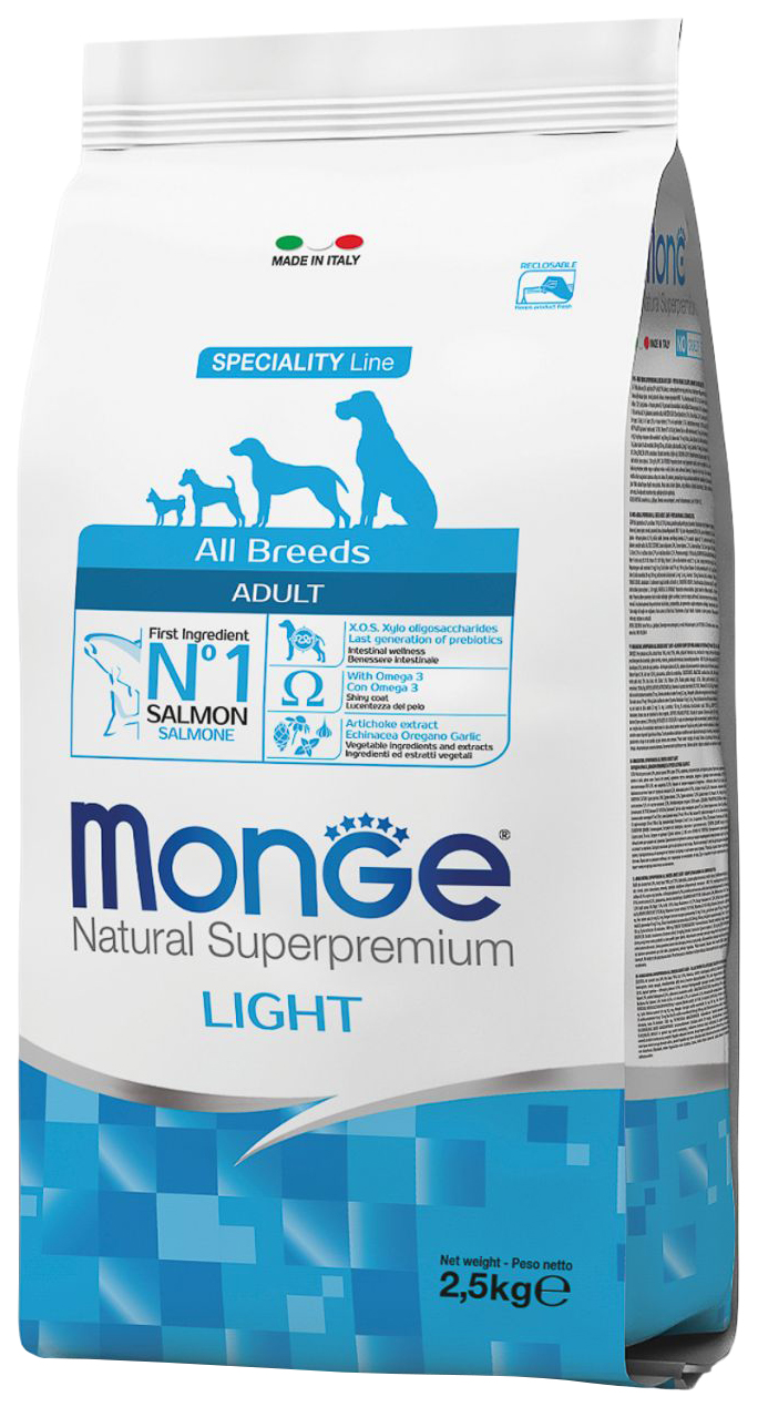 

Сухой корм для собак Monge Speciality Light Adult all breeds, лосось, рис, 4 шт по 2,5 кг