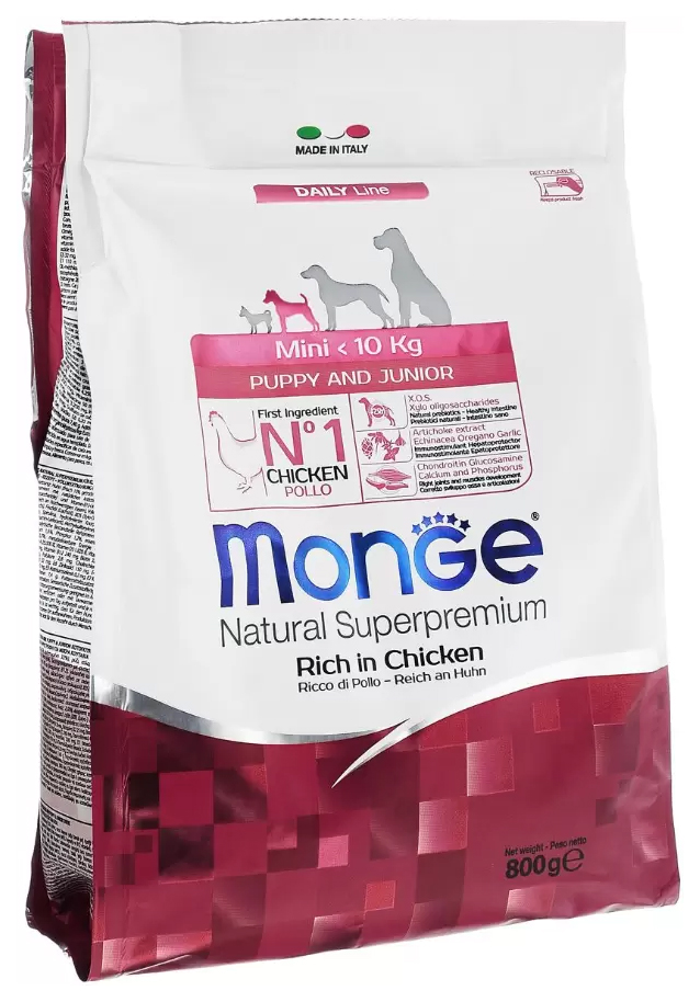 

MONGE MONGE DOG MINI PUPPY & JUNIOR CHICKEN для щенков маленьких пород с курицей (0,8 кг х