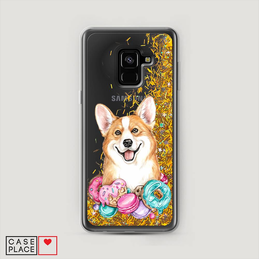 

Жидкий чехол с блестками "Корги и сладости" на Samsung Galaxy A8 2018