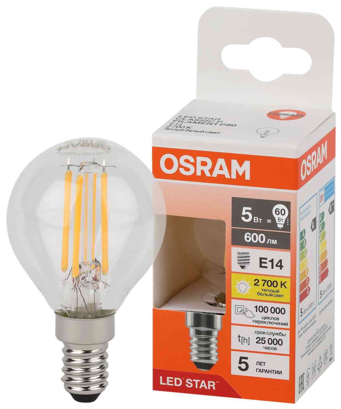

Лампа светодиодная Osram Led Star Fil E14 5 Вт шар