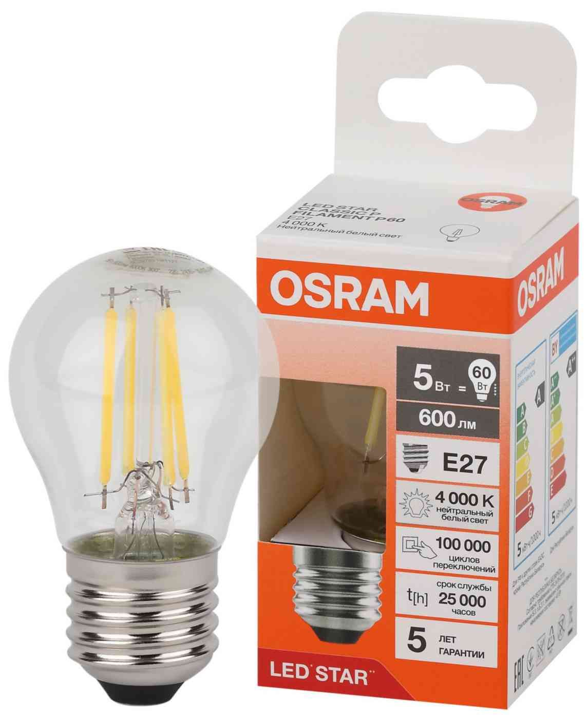 

Лампа светодиодная Osram Led Star Fil E27 5 Вт шар