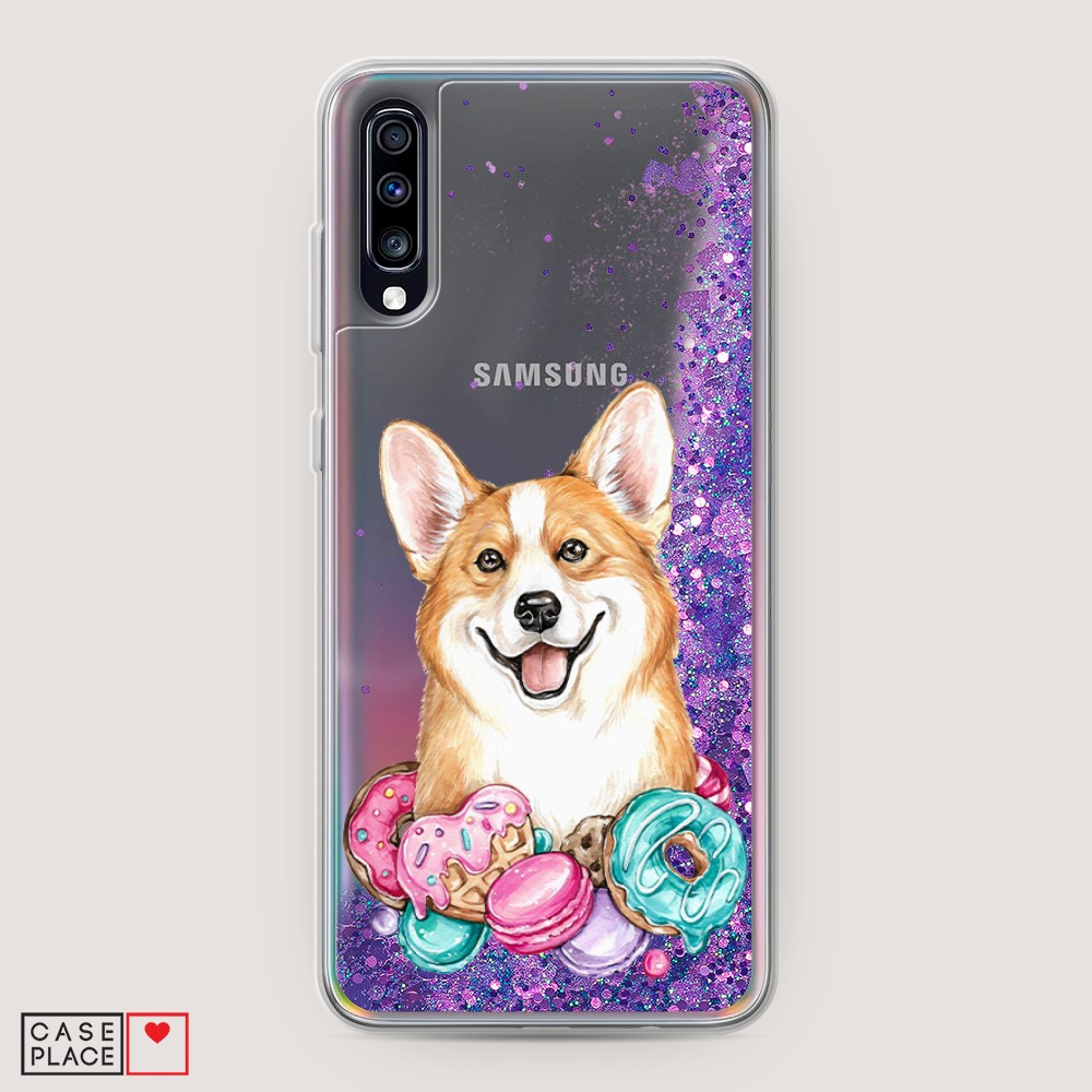 

Жидкий чехол с блестками "Корги и сладости" на Samsung Galaxy A70, 28192-1