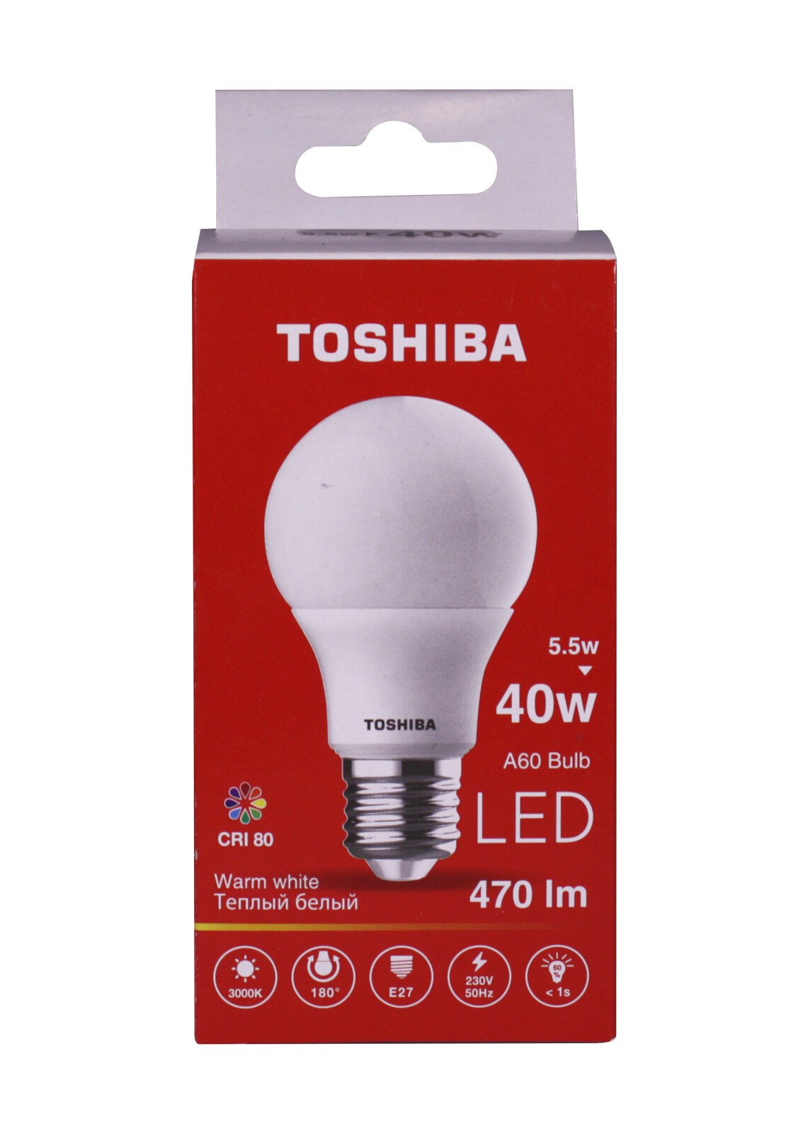 фото Лампа светодиодная toshiba 5,5 вт е27 груша a60 3000 k теплый свет 220в матовая