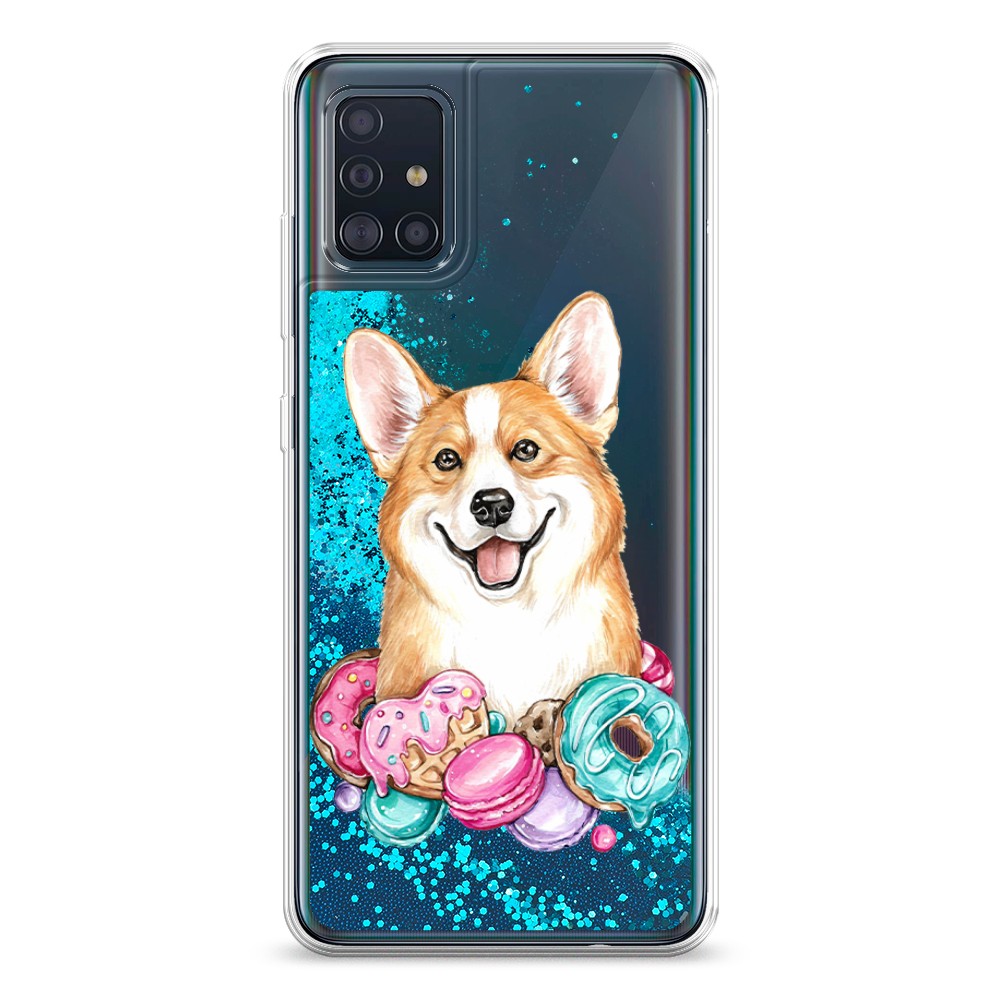 

Жидкий чехол с блестками "Корги и сладости" на Samsung Galaxy A51