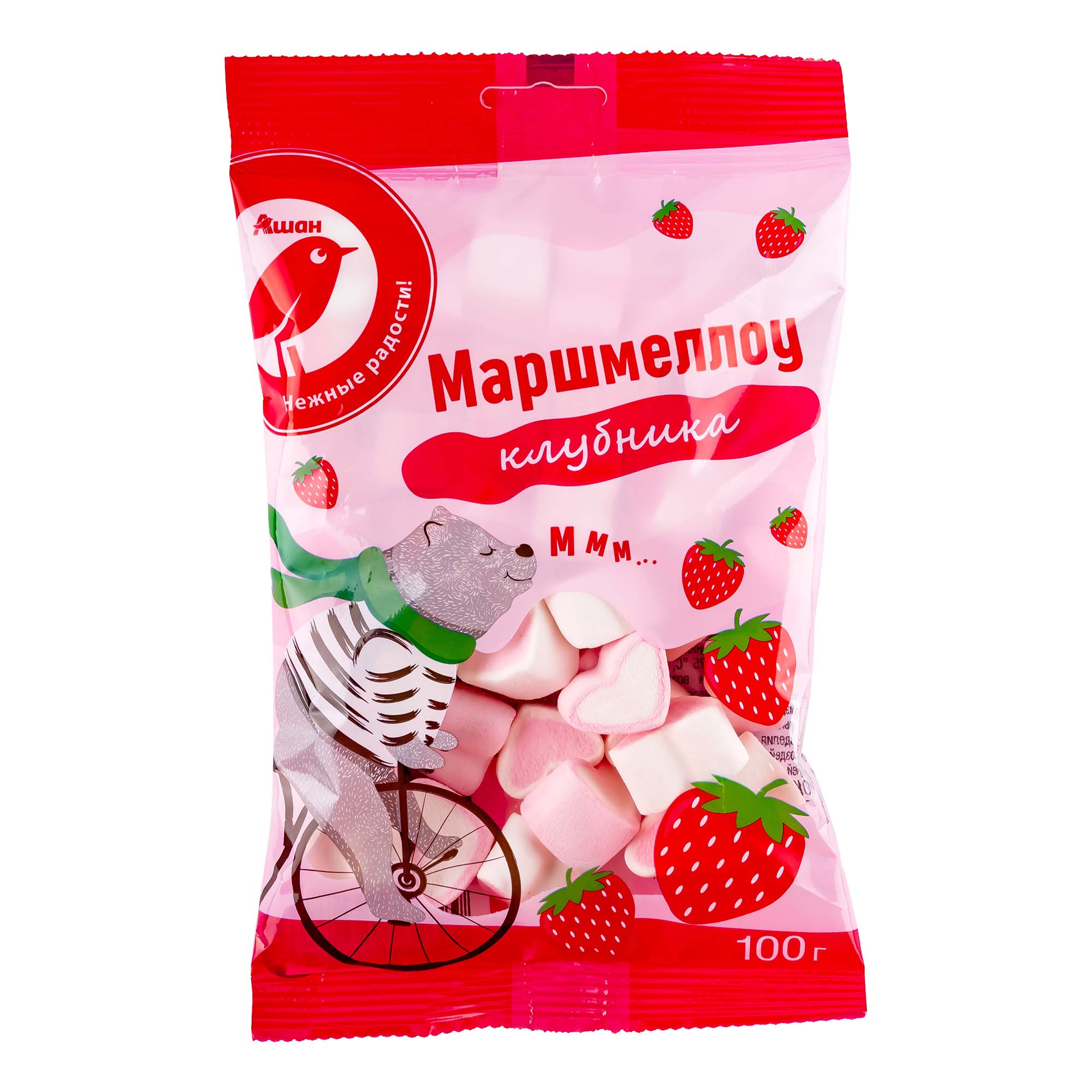 

Маршмеллоу АШАН Красная птица в форме сердца с ароматом клубники 100 г