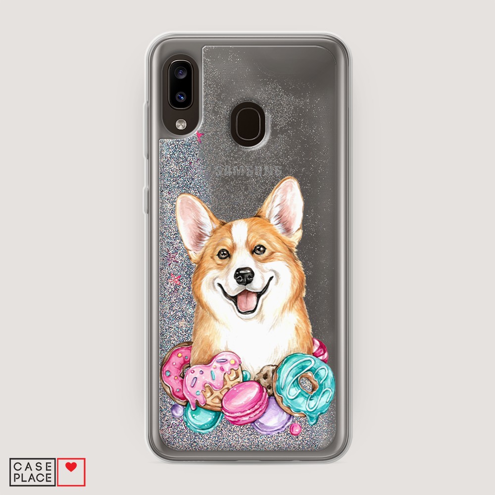 

Жидкий чехол с блестками "Корги и сладости" на Samsung Galaxy A20, 27691-1