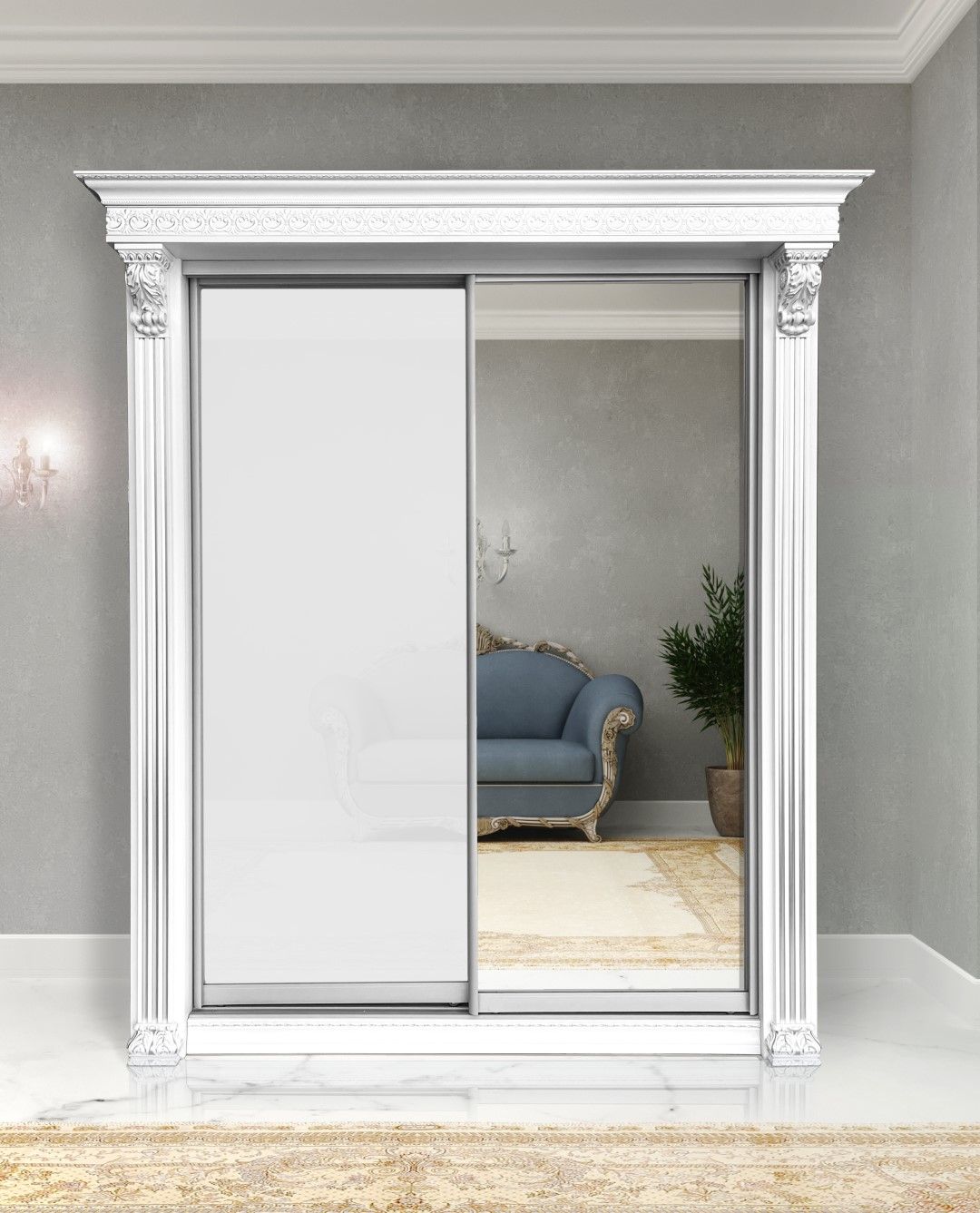 

Шкаф-купе Классик 2-дверный 1430х2400х770 мм зеркало+стекло лакобель, Белый, Виктори